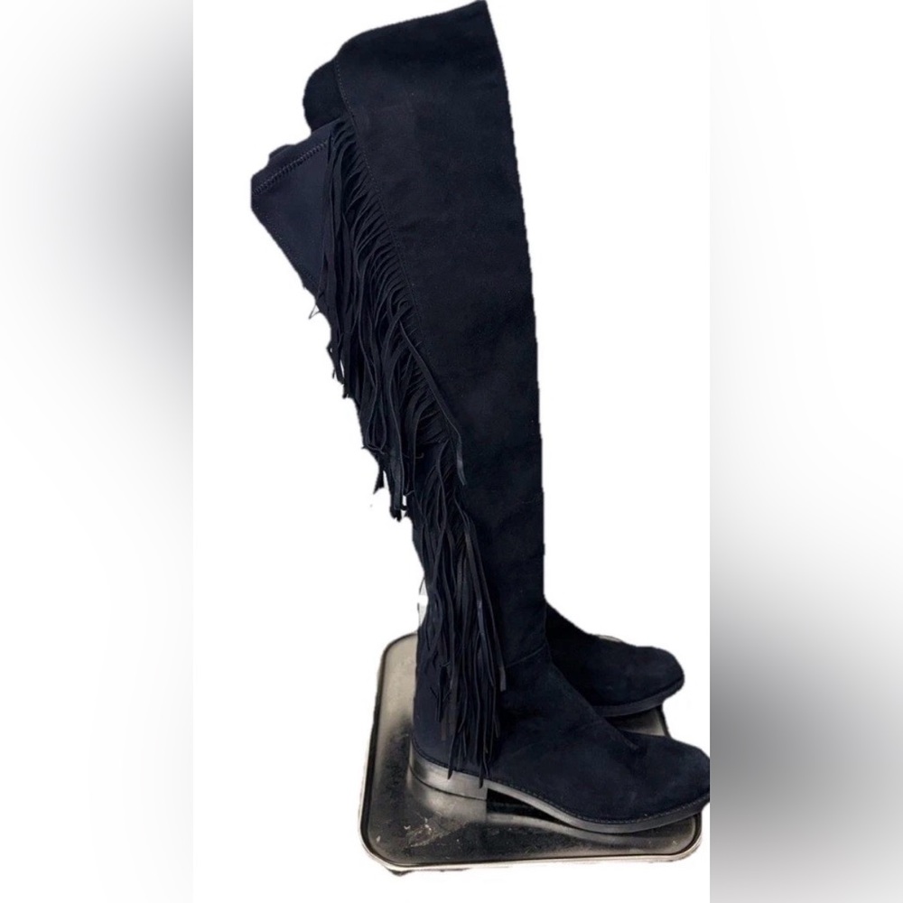 Lavorazione Artigiana Made in Italy Black Suede Over the Knee Fringe Boots 8